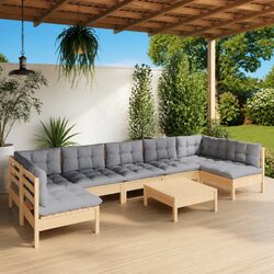 8 Piece Garden Lounge Set - Solid Pinewood and Grey Cushions