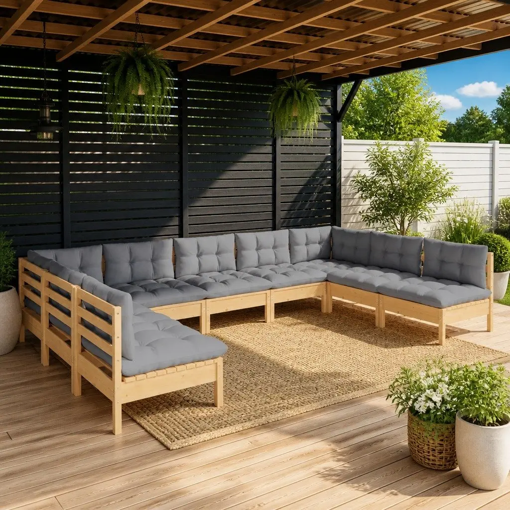 Garden Lounge Set 9 Piece Outdoor Patio Furniture Grey Cushions Modular Seating