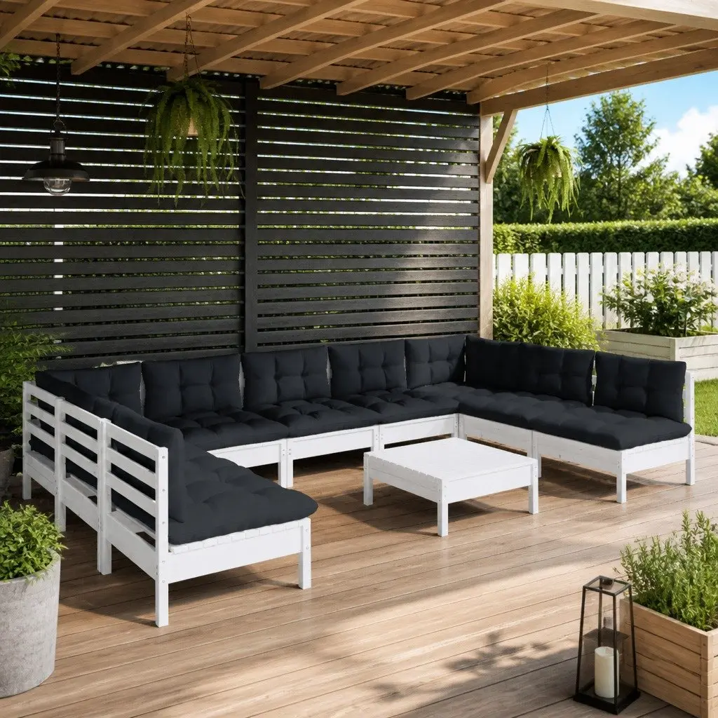 Modular Garden Lounge Set 10 Piece Outdoor Furniture White Cushions Pinewood Construction