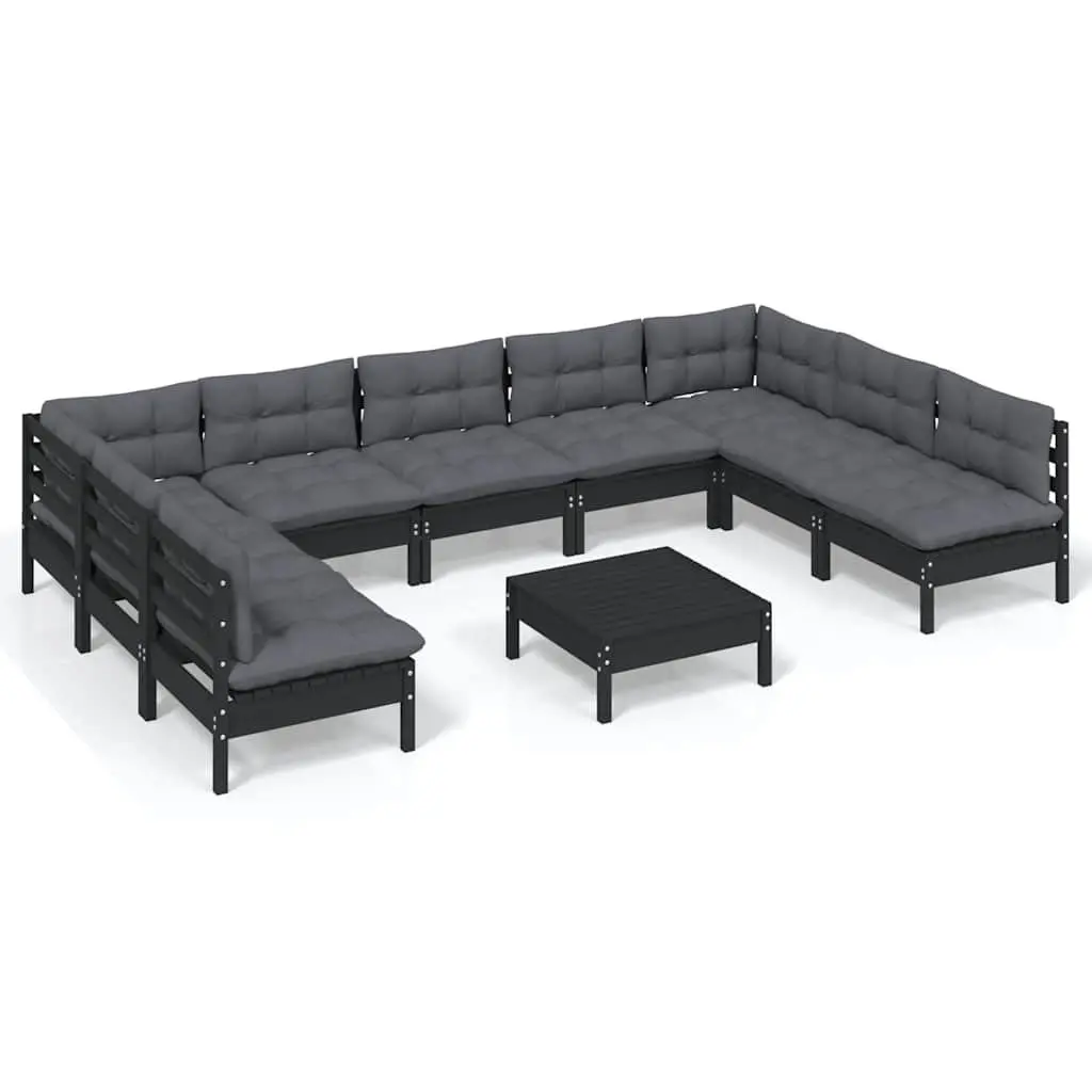 Garden Lounge Set Outdoor Patio Furniture 10 Piece Black Pinewood with Cushions