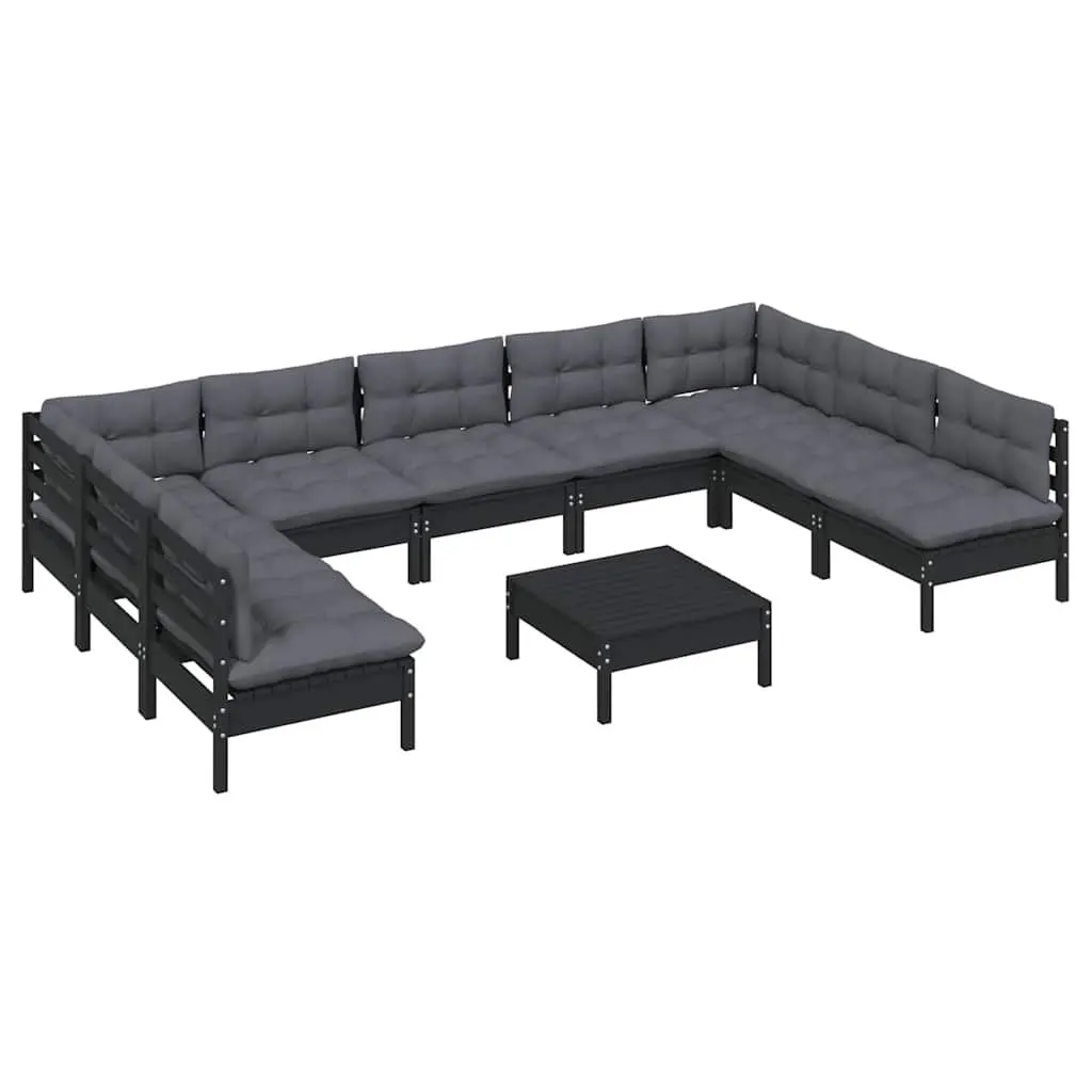 Garden Lounge Set Outdoor Patio Furniture 10 Piece Black Pinewood with Cushions