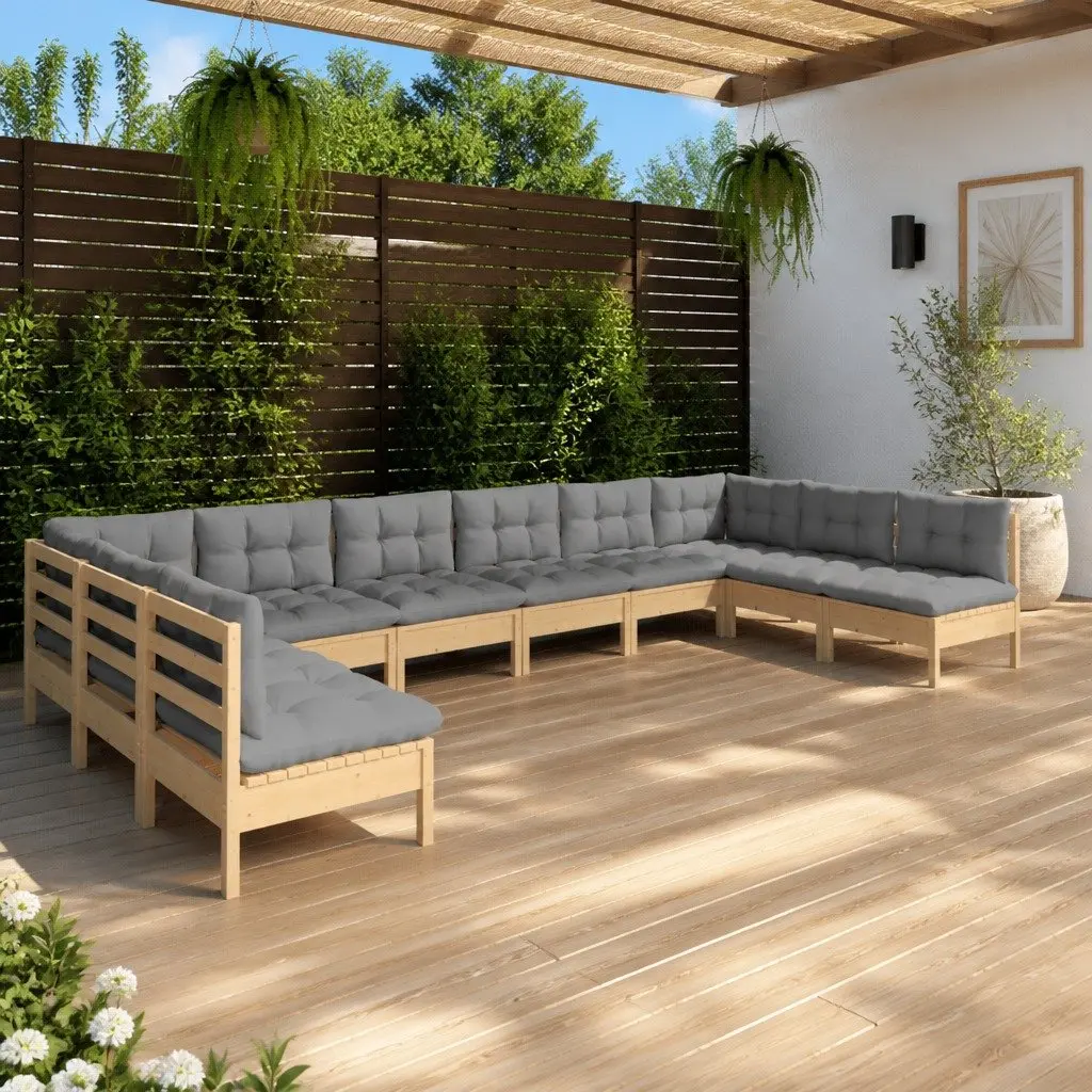 Garden Lounge Set 10 Piece Outdoor Furniture Solid Pinewood Grey Cushions