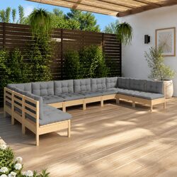 Garden Lounge Set - 10 Pieces of Solid Pinewood with Cushions
