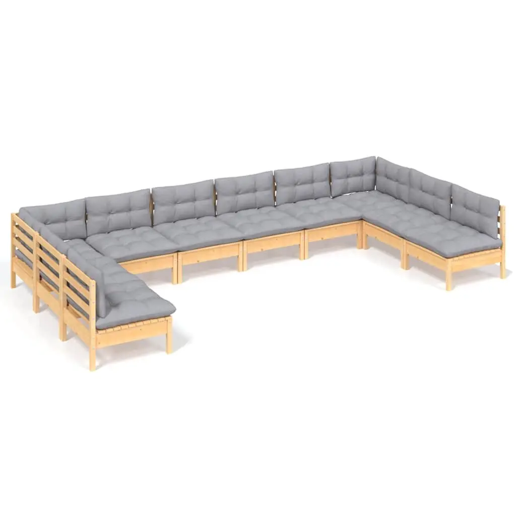 Garden Lounge Set 10 Piece Outdoor Furniture Solid Pinewood Grey Cushions