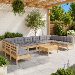 Garden Lounge Set 11 Piece Outdoor Patio Furniture Grey Cushions Pinewood