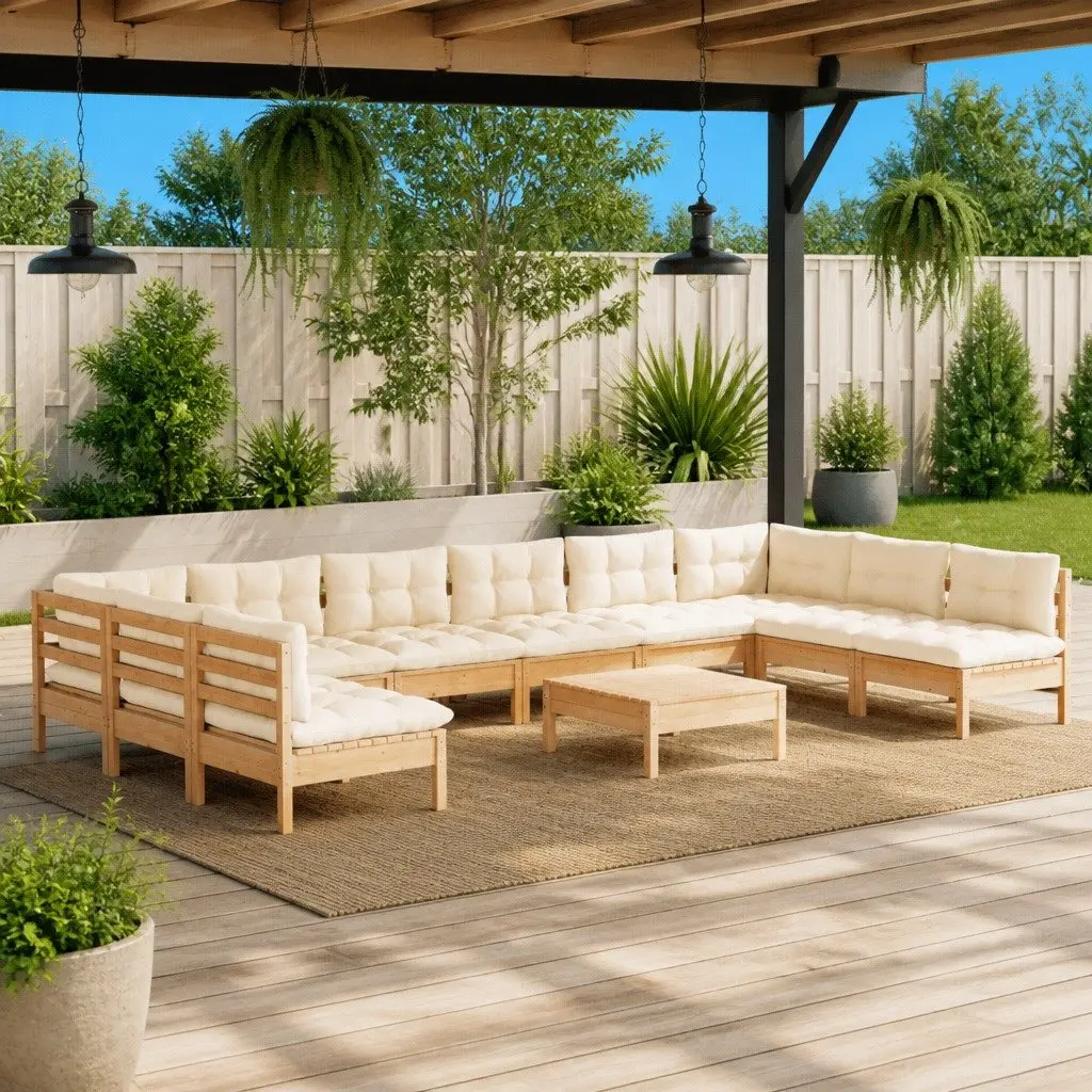 Garden Lounge Set Outdoor Patio Furniture 11 Piece Modular Solid Pinewood Cream