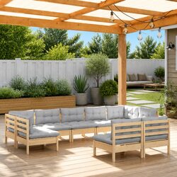 9-Piece Garden Lounge Furniture Set - Pinewood with Grey Cushions