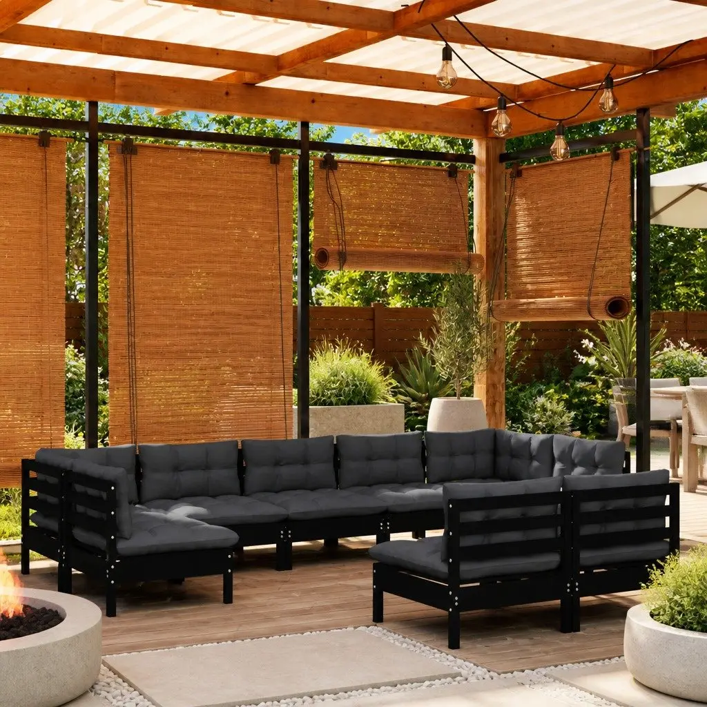 9 Piece Garden Lounge Set Outdoor Patio Furniture with Cushions Black Pinewood