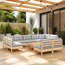 10 Piece Outdoor Lounge Set: Solid Pinewood and Grey Cushions