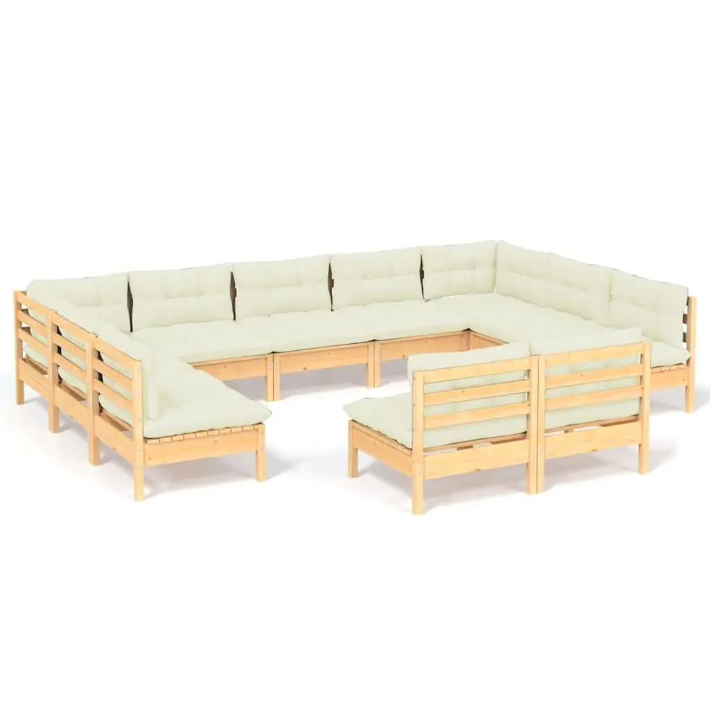 Modular Outdoor Furniture Set for Garden 11 Piece Solid Pinewood with Cream Cushions