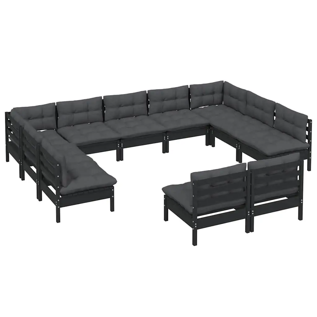 Garden Lounge Set Outdoor Patio Furniture 11 Piece Black Pinewood with Cushions
