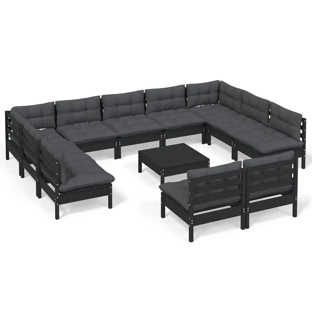 Garden Lounge Set Outdoor Furniture 12 Piece Black Pinewood with Cushions