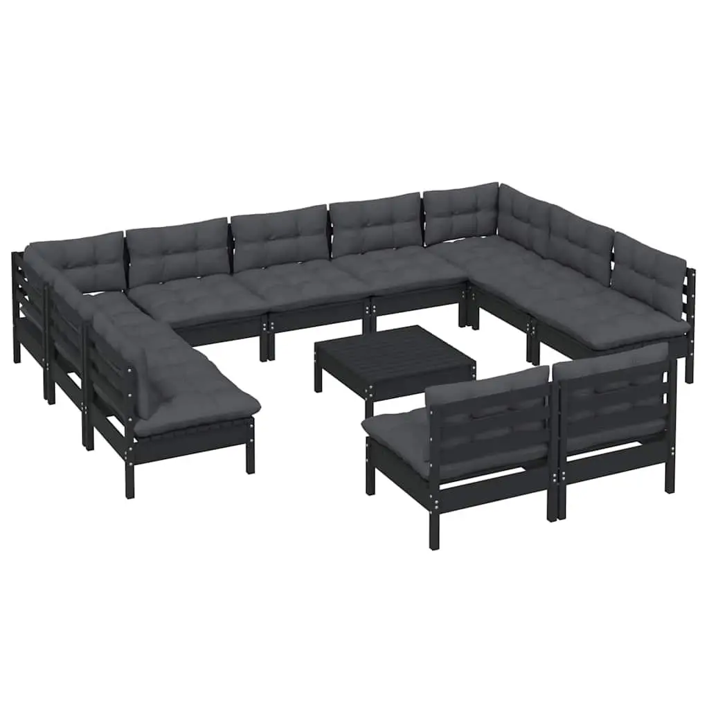Garden Lounge Set Outdoor Furniture 12 Piece Black Pinewood with Cushions