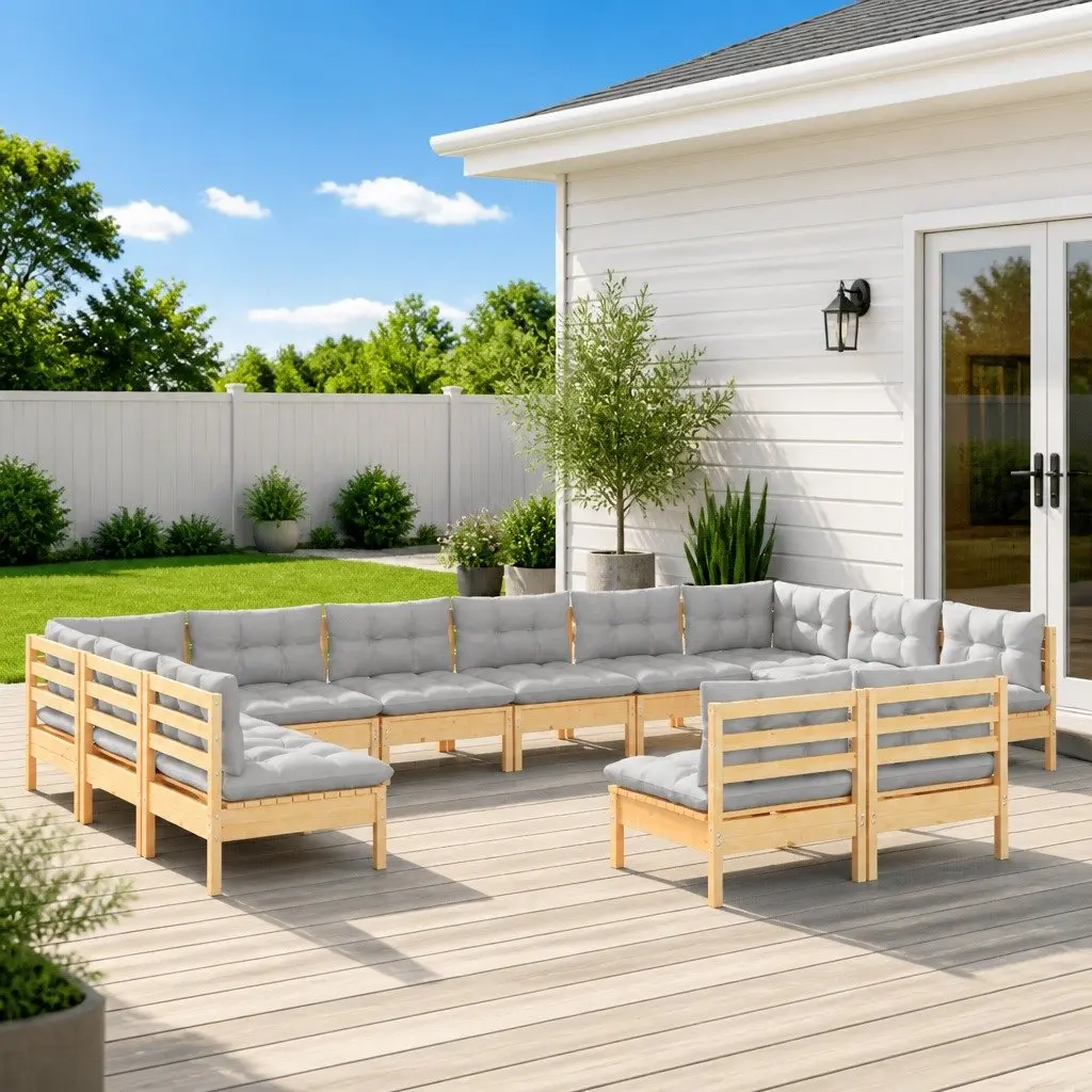 Garden Lounge Set Outdoor Patio Furniture 12 Piece Solid Pinewood Grey Cushions