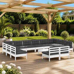 Garden Lounge Set 13 Piece White Solid Pinewood Patio Furniture with Cushions