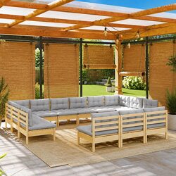 Garden Lounge Set 13 Piece Outdoor Patio Furniture Grey Cushions Pinewood