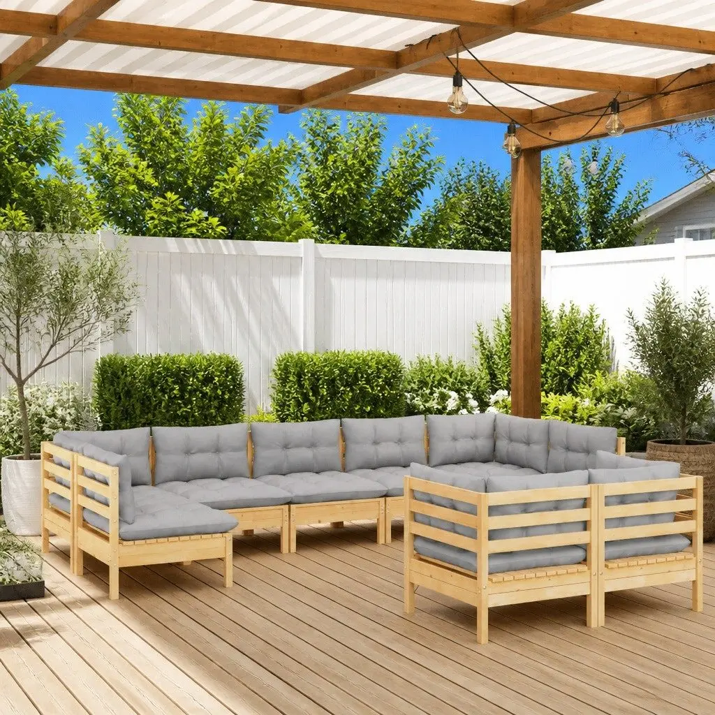 Outdoor Patio Furniture Set 9 Piece Modular Lounge with Grey Cushions Pinewood