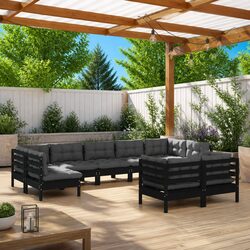 Garden Lounge Set: 9 Pieces, Black Solid Pinewood