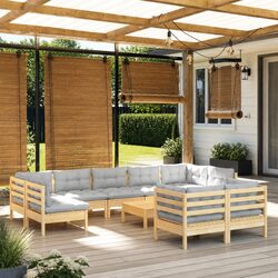 Garden Lounge Set - 10 Pieces, Solid Pinewood & Grey Cushions