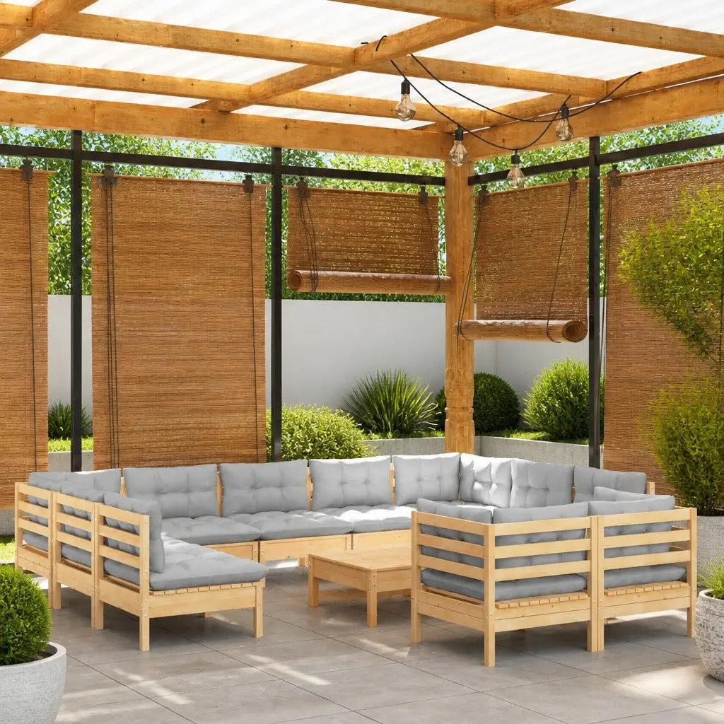 Garden Lounge Set Outdoor Patio Furniture 12 Piece Grey Cushions Pinewood