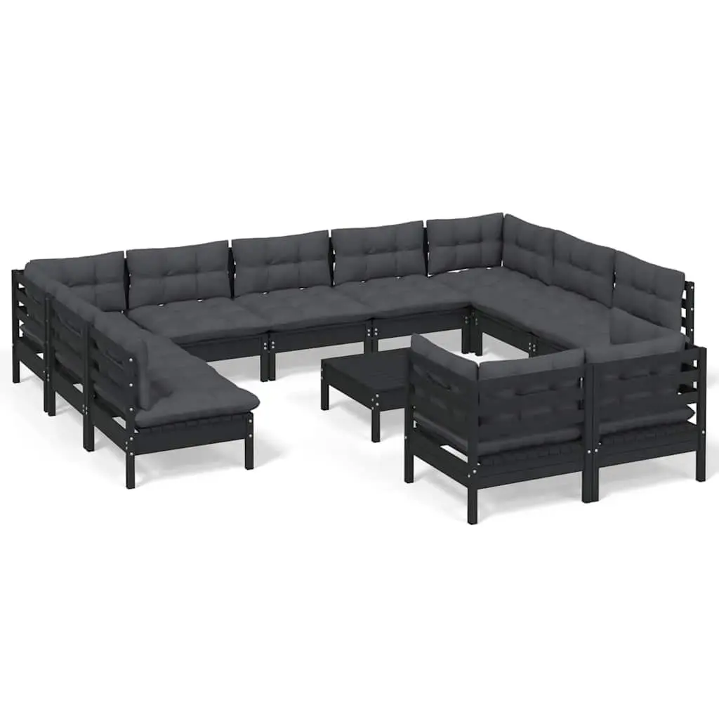 Garden Lounge Set Outdoor Furniture 12 Piece Black Pinewood with Cushions