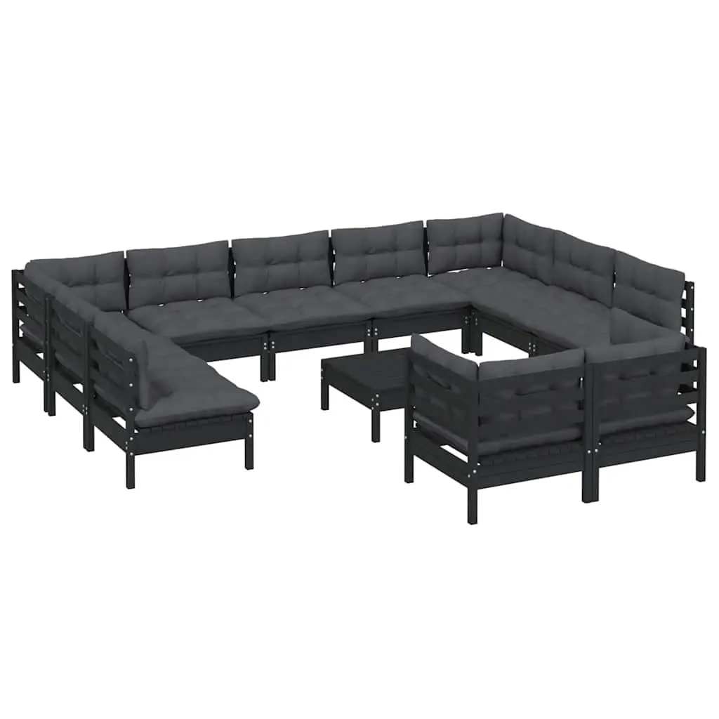 Garden Lounge Set Outdoor Furniture 12 Piece Black Pinewood with Cushions