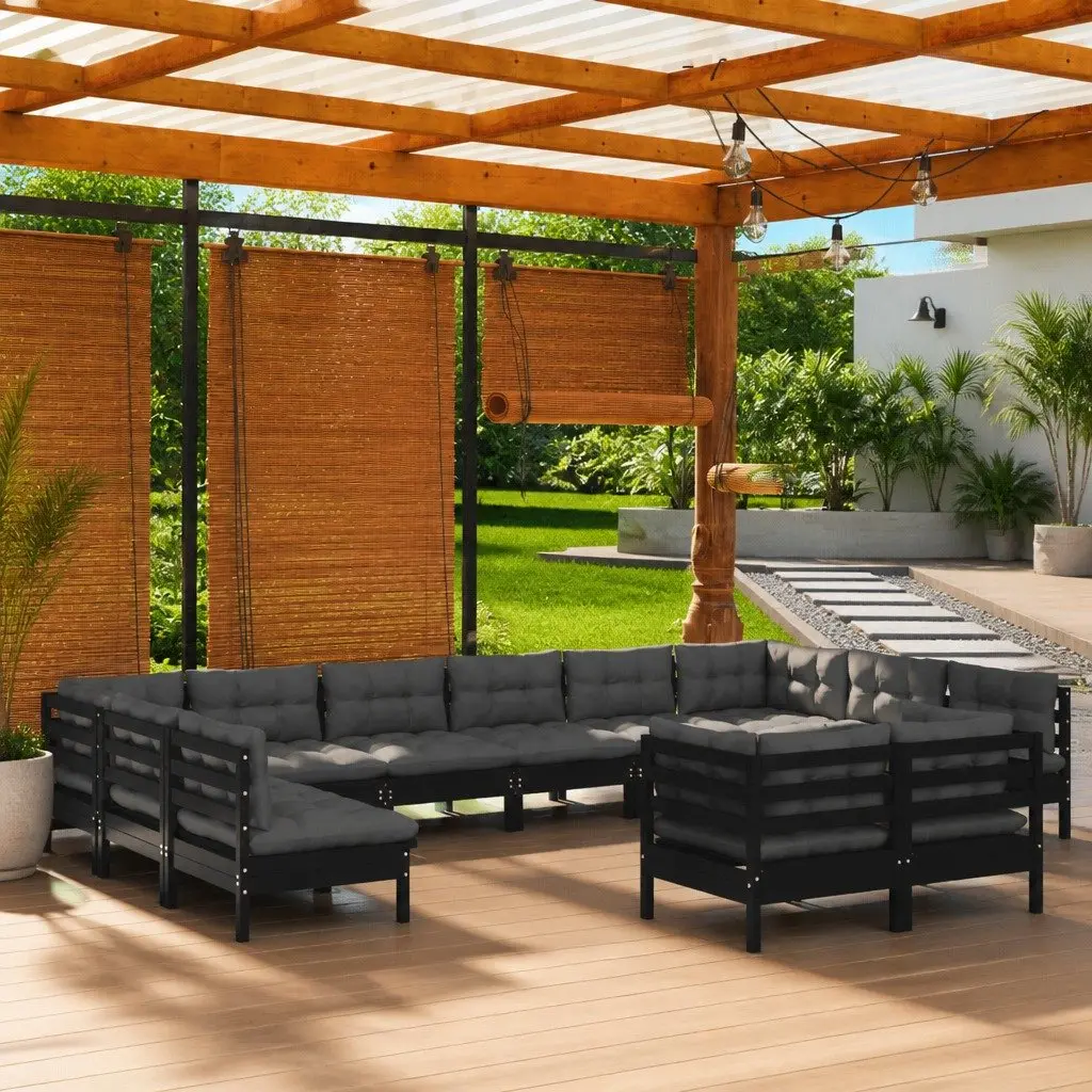 Garden Lounge Set Outdoor Furniture 12 Piece Black Pinewood with Cushions