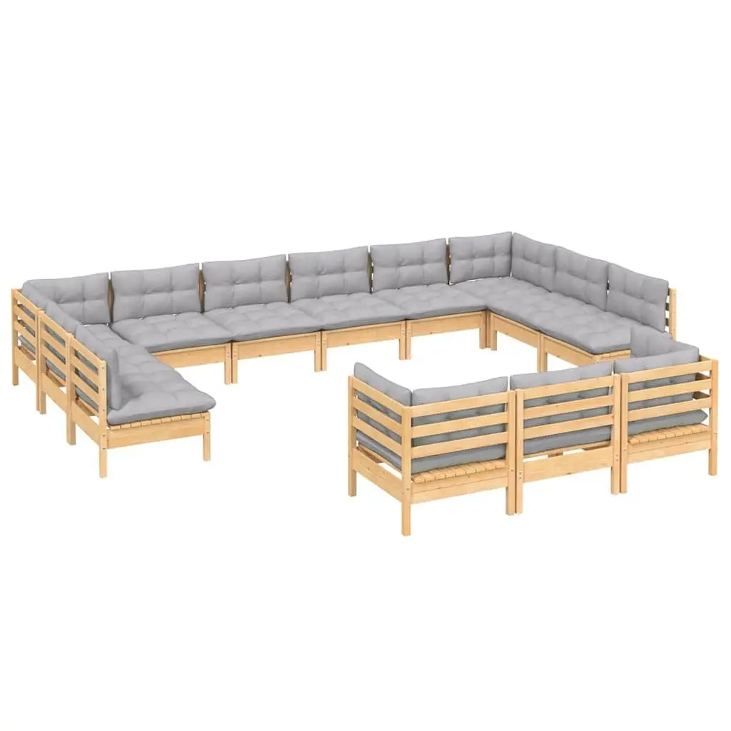 Wooden Garden Lounge Set 13 Piece Outdoor Patio Furniture Grey Cushions Pinewood