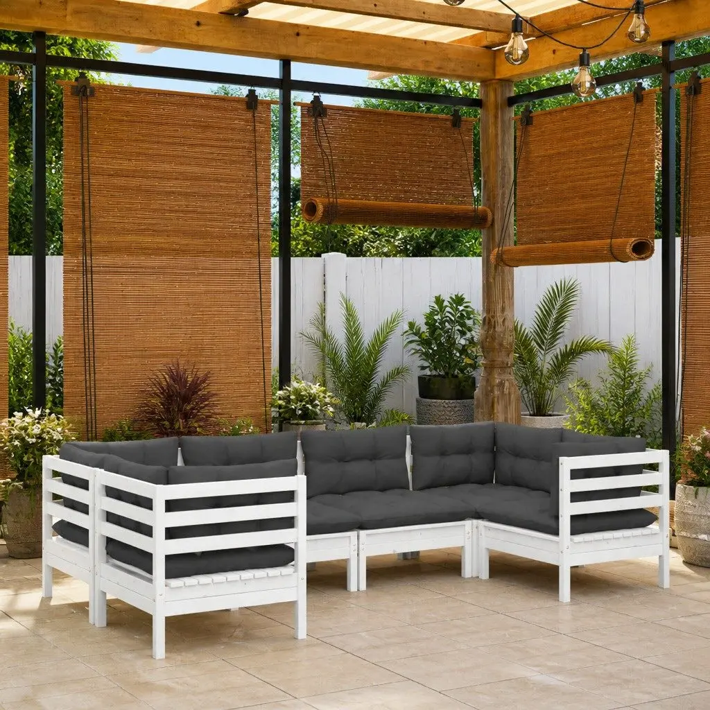 Outdoor Modular Lounge Set 6 Piece Patio Furniture White Pinewood with Cushions