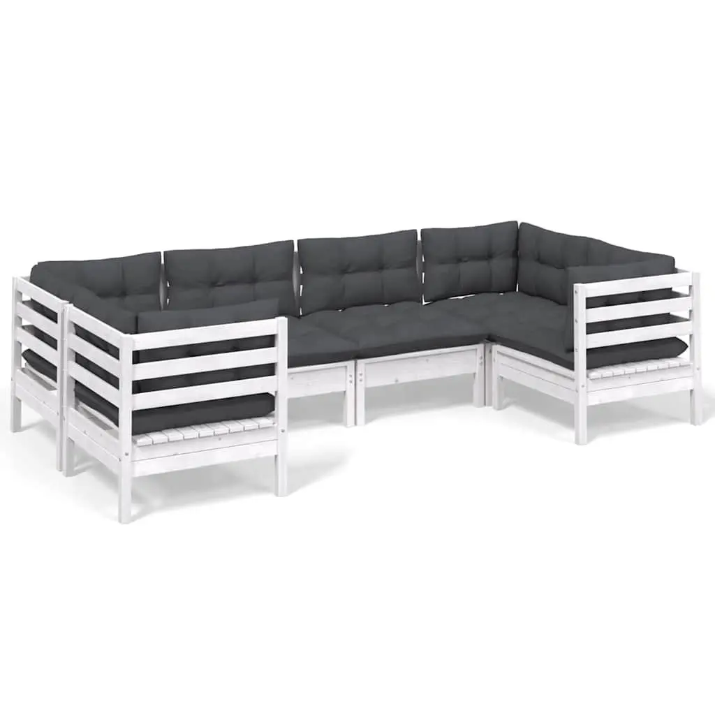 Outdoor Modular Lounge Set 6 Piece Patio Furniture White Pinewood with Cushions