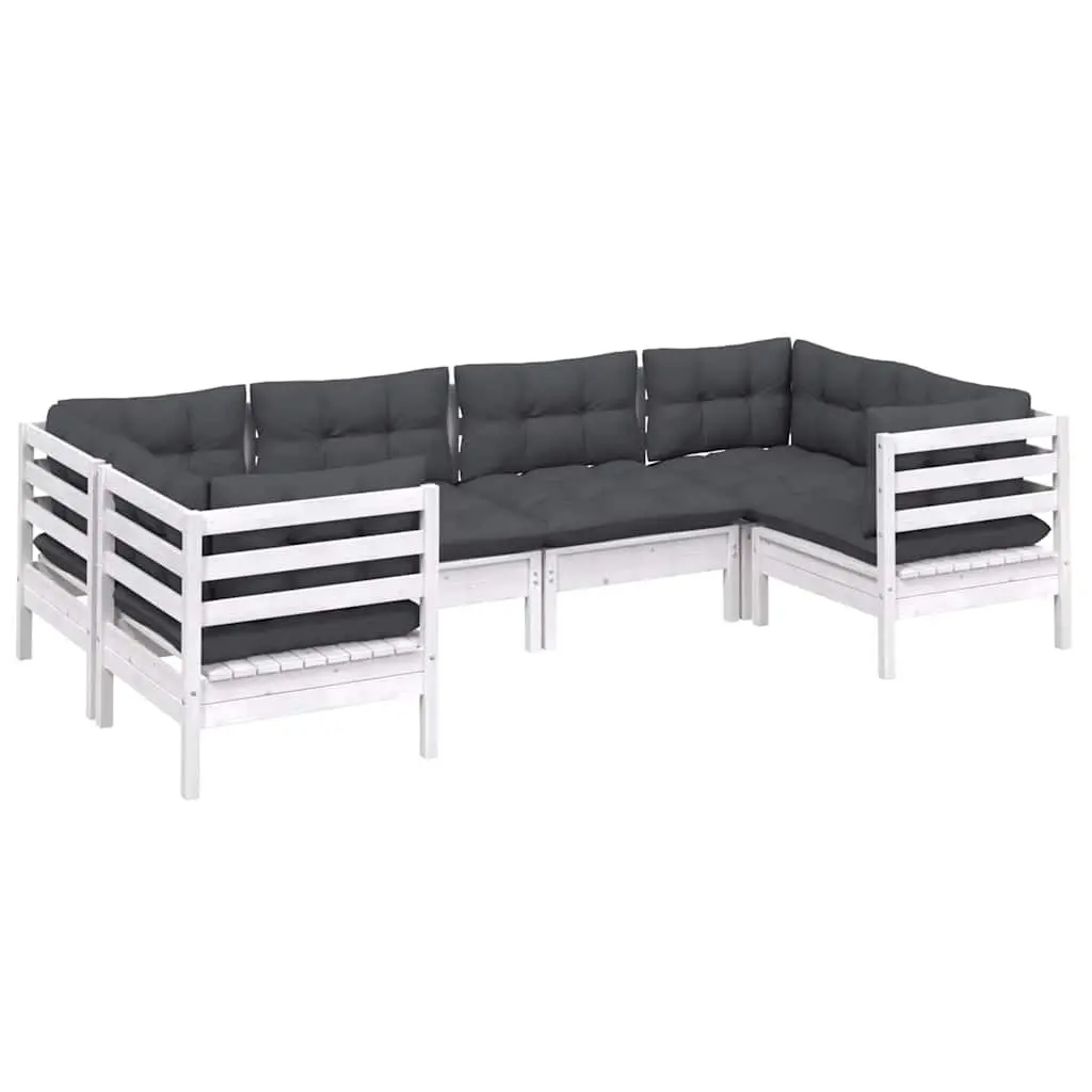 Outdoor Modular Lounge Set 6 Piece Patio Furniture White Pinewood with Cushions