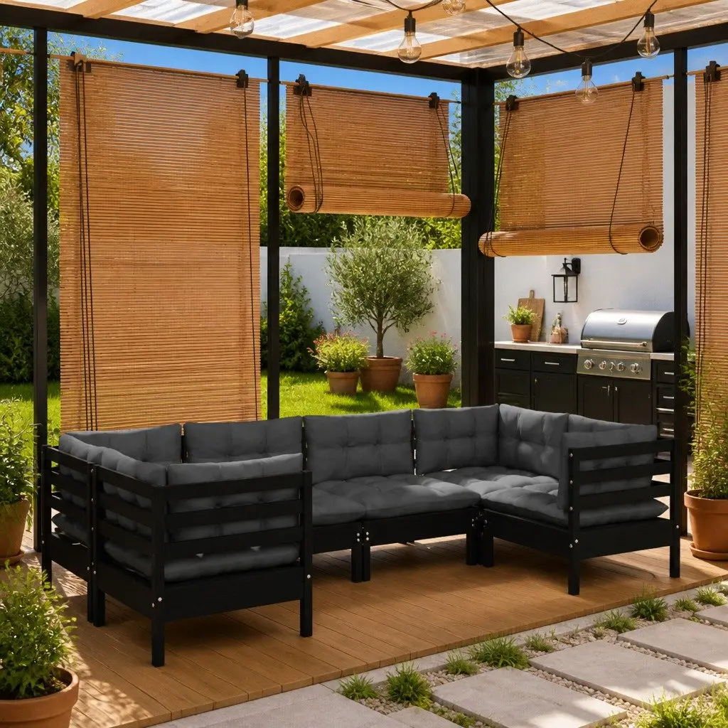Garden Lounge Set Outdoor Furniture 6 Piece Black Pinewood with Cushions