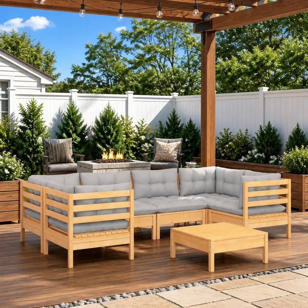 Garden Lounge Set Outdoor Furniture 7 Piece with Grey Cushions Pinewood