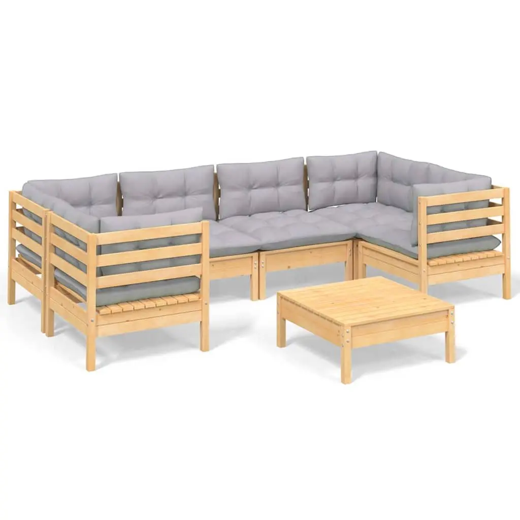 Garden Lounge Set Outdoor Furniture 7 Piece with Grey Cushions Pinewood