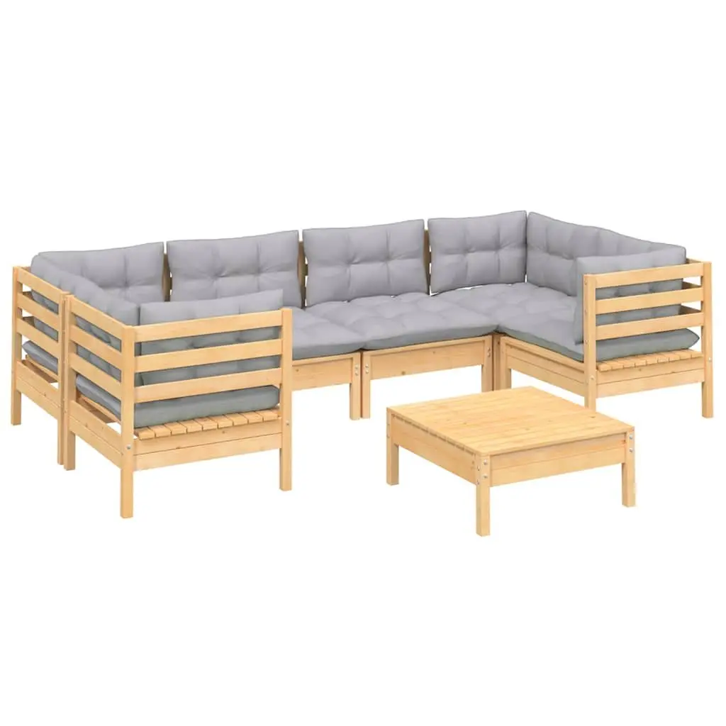 Garden Lounge Set Outdoor Furniture 7 Piece with Grey Cushions Pinewood
