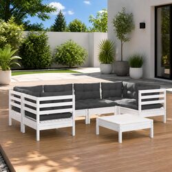 7 Piece White Lounge Set: Solid Pinewood with Cushions