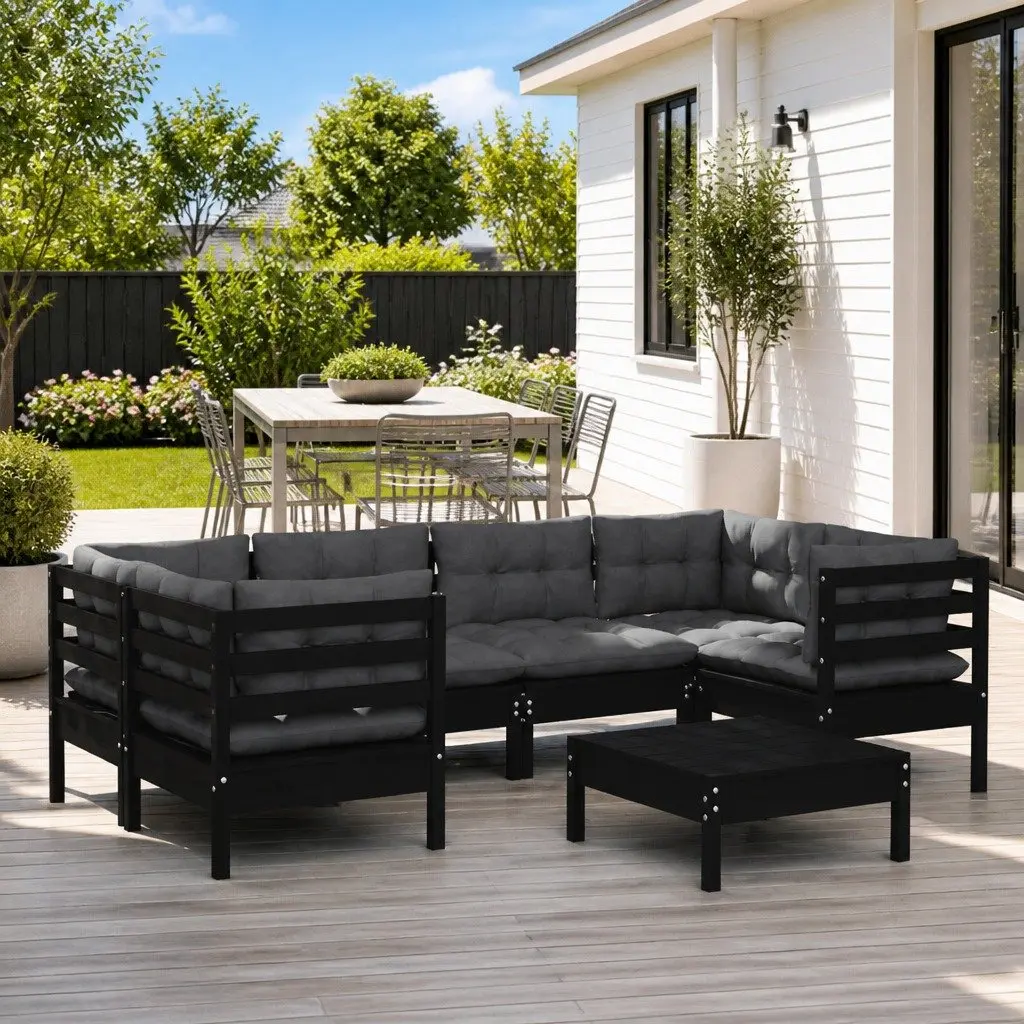 7 Piece Modular Garden Lounge Set Outdoor Patio Furniture Black Pinewood