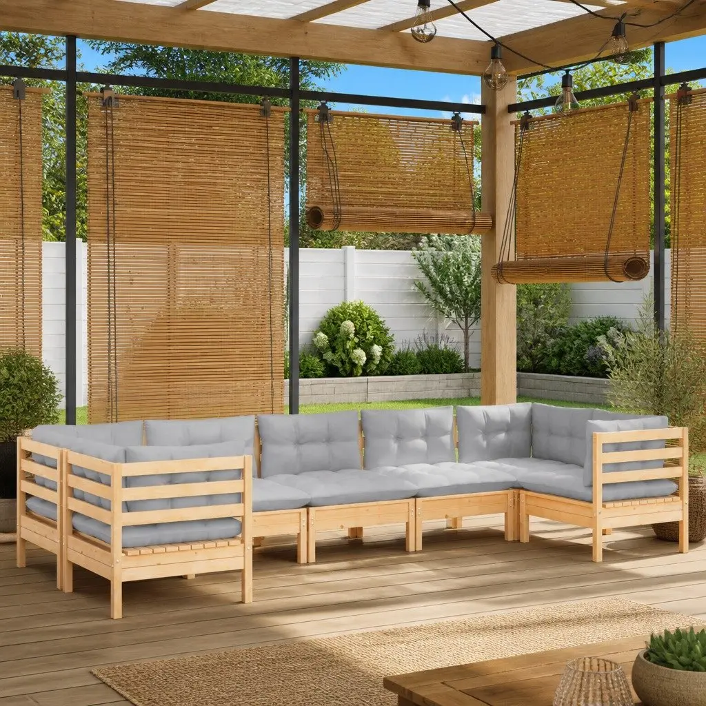 Wooden Garden Lounge Set 7 Piece Outdoor Furniture Pinewood Grey Cushions