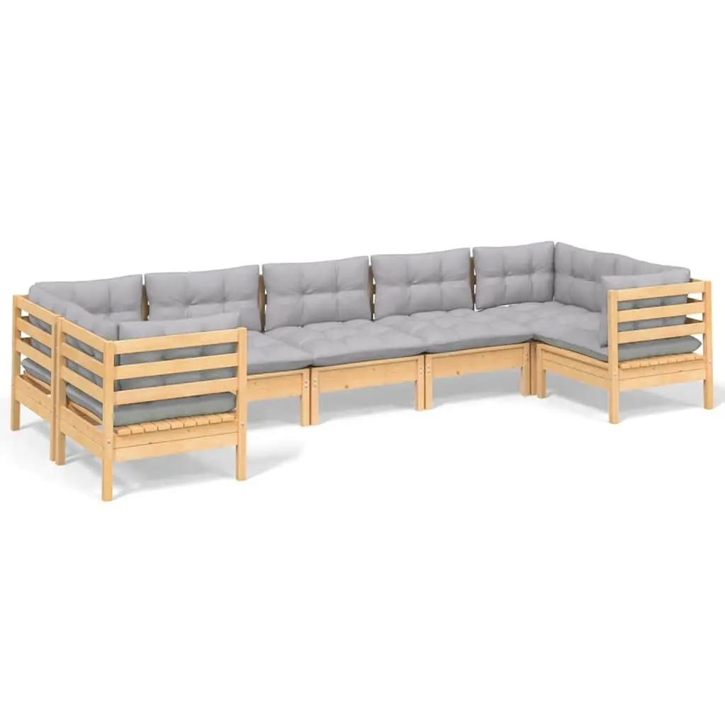 Wooden Garden Lounge Set 7 Piece Outdoor Furniture Pinewood Grey Cushions