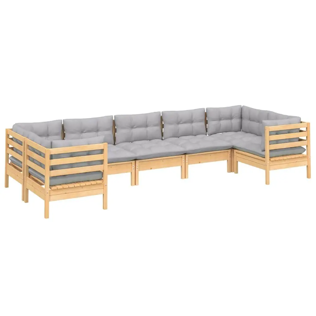 Wooden Garden Lounge Set 7 Piece Outdoor Furniture Pinewood Grey Cushions