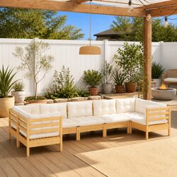7-Piece Outdoor Furniture Set: Wood, Cream Cushions