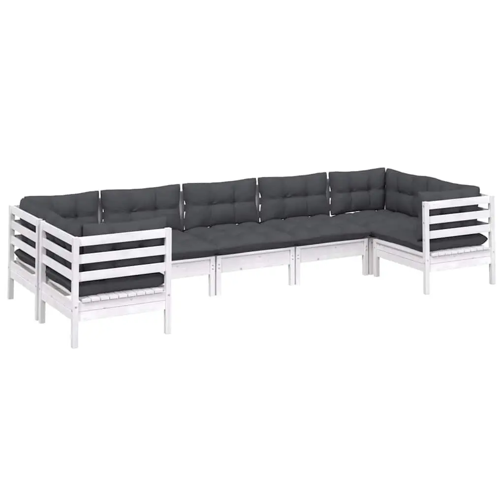 7 Piece Garden Lounge Set with Cushions White Solid Pinewood Outdoor Furniture