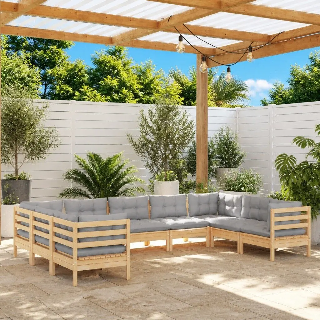 9 Piece Modular Garden Lounge Set Pinewood with Grey Cushions for Outdoor Patio Use