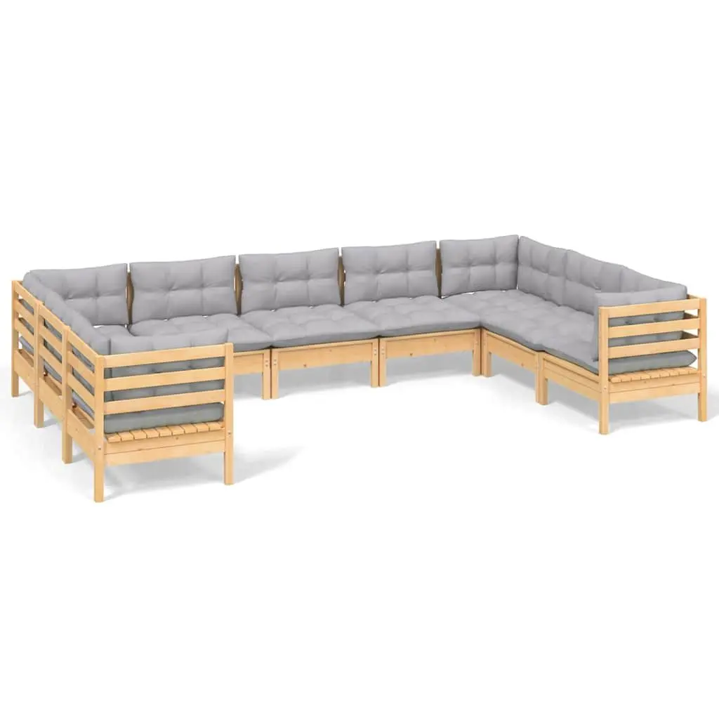 9 Piece Modular Garden Lounge Set Pinewood with Grey Cushions for Outdoor Patio Use