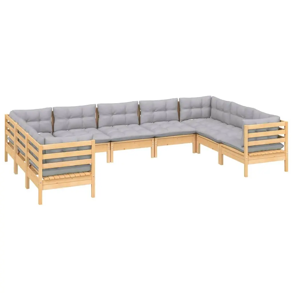 9 Piece Modular Garden Lounge Set Pinewood with Grey Cushions for Outdoor Patio Use