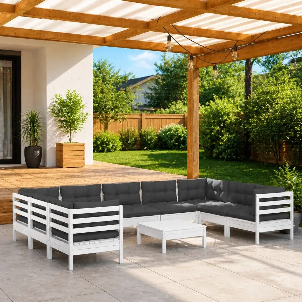 Garden Lounge Set Outdoor Patio Furniture 10 Piece White Pinewood with Cushions