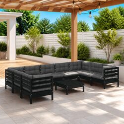 10 Piece Patio Furniture Set: Black Pinewood with Cushions