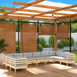 10 Piece Garden Lounge Set - Pinewood with Grey Cushions