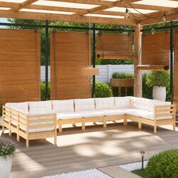 Garden Lounge Set 10 Piece Outdoor Patio Furniture with Cream Cushions Wooden
