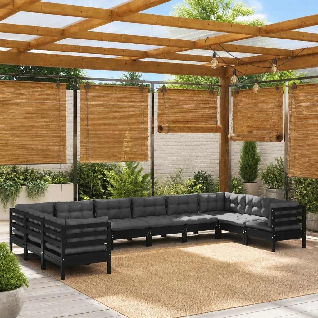 Garden Lounge Set Outdoor Furniture 10 Piece Black Pinewood with Cushions